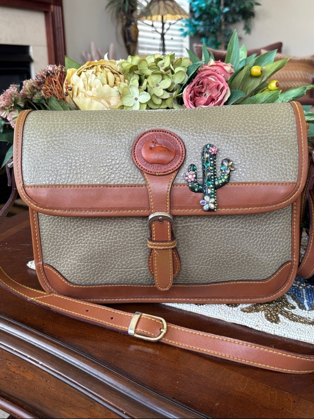 Vintage Dooney & Bourke Olive Green Brown Leather Flap Crossbody Purse Cactus